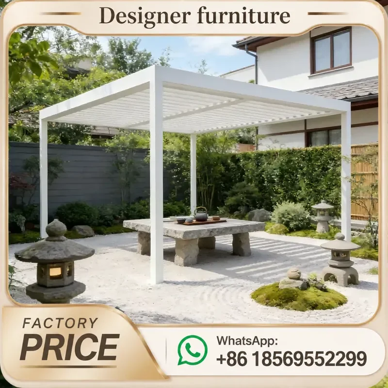 Motorized Aluminum Louvered Pergola With LED Lights Hidden Drainage Waterproof Snowproof For Outdoor Patio Garden Canopy