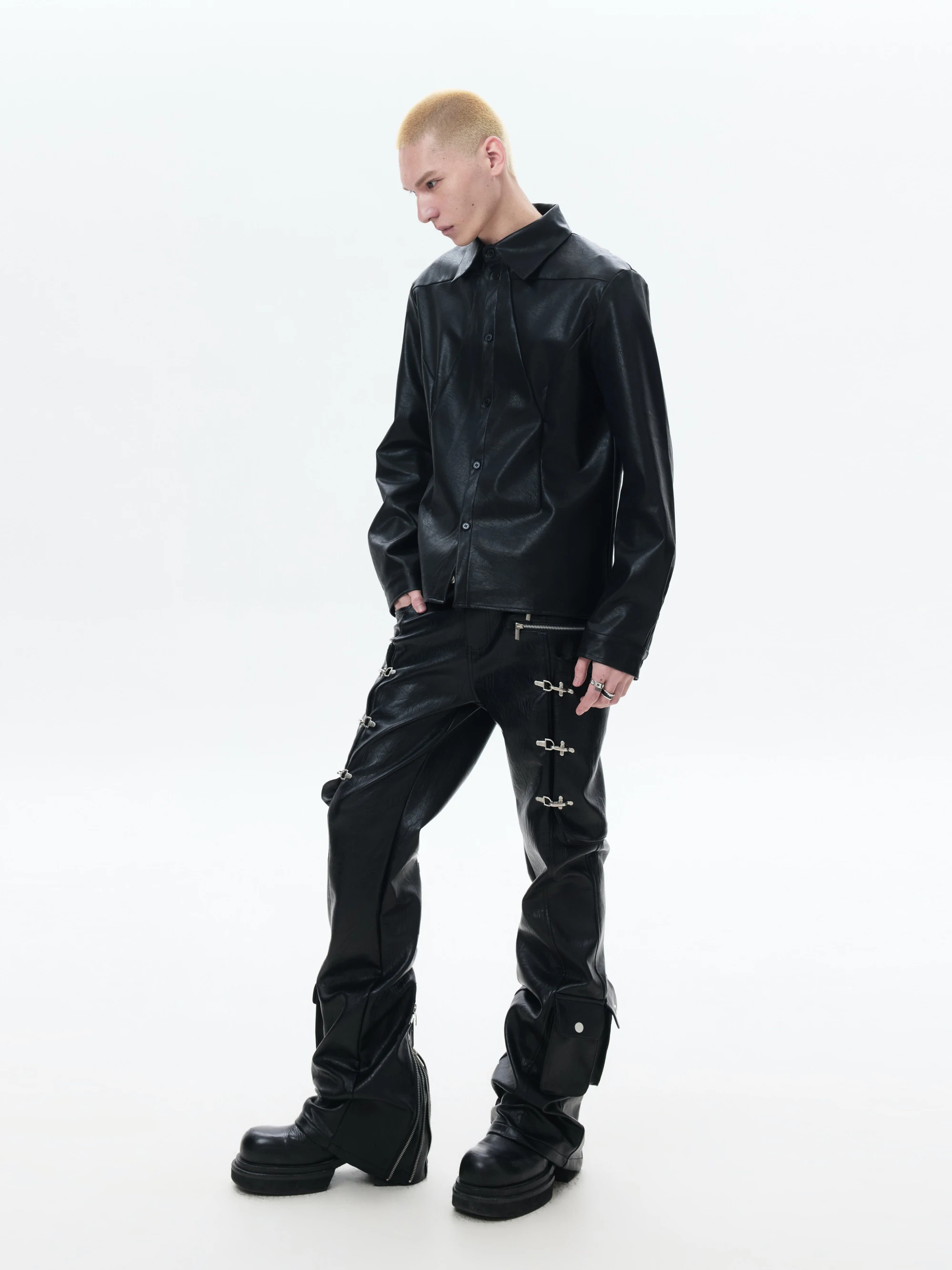 Black Simplified Design Waist-Cinching Shirt FRKM SCD 26 SS Deconstructed Design Minimalist High Waist Men's Long Sleeve Butt...