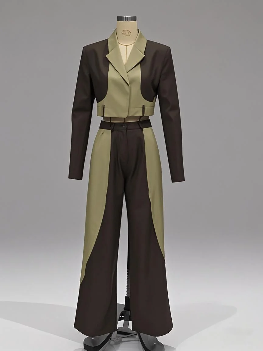KEYANKETIAN Spring/Autumn Women's Covered Zipper Blazer Zipper High Waist Straight Pants Contrast Color Safari Style Two-Piece