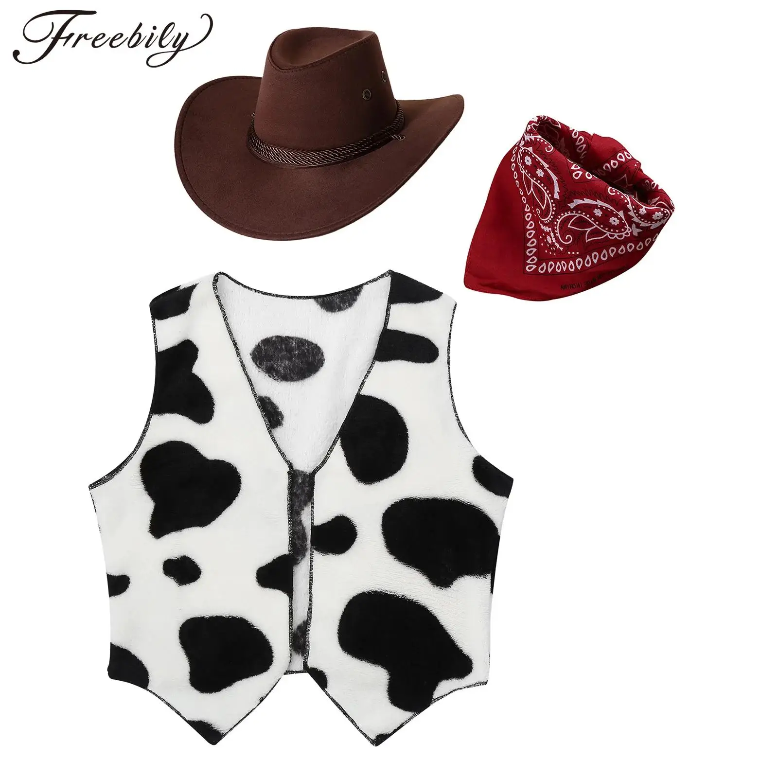 

Boys Girls Halloween Carnival Western Cowboy Cowgirl Cosplay Costume Open Front Vest with Print Bandanna Hat Kids Riding Clothes