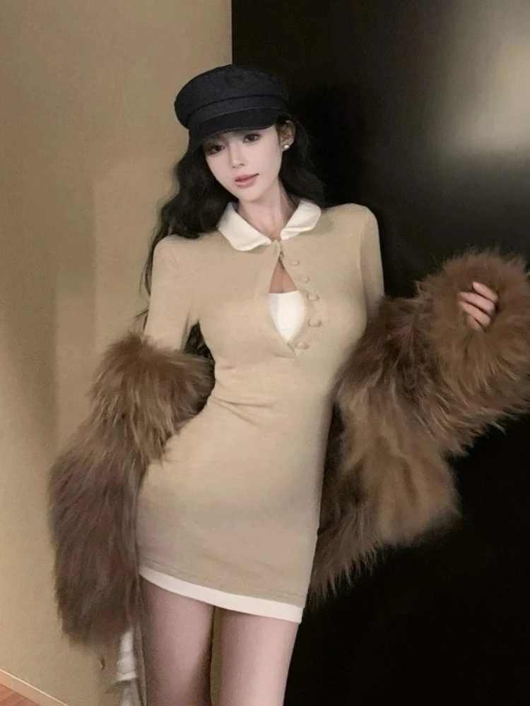 2025 outono francês elegante malha vestidos curtos feminino novo sexy corte hip abraçando vestido vintage emendado roupas de manga comprida