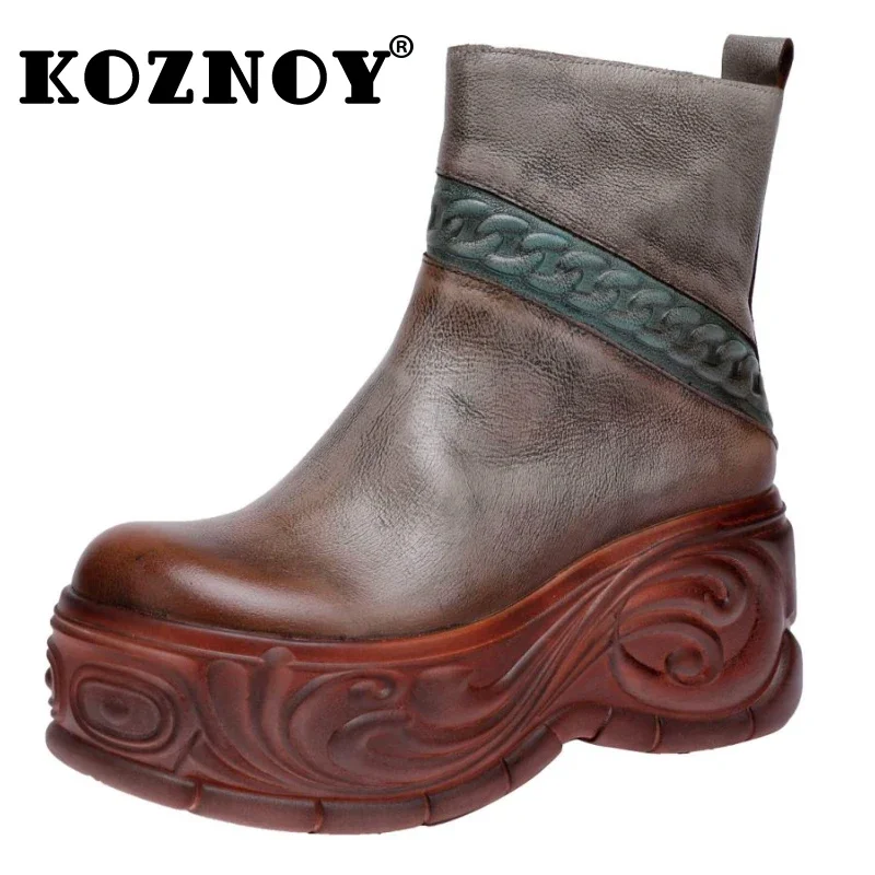 

Koznoy 8cm Cow Genuine Leather Boots Women Ladies Fashion Ankle Booties Luxury Moccasins Autumn Motorcycle Spring Chimney Shoes