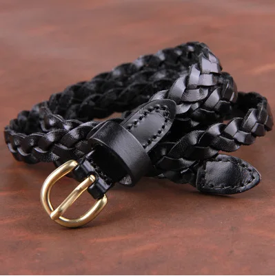 Cinturón trenzado de cuero versátil para mujer, hebilla de pin de estilo coreano, cinturón de cuero fino, cinturón de piel de vaca con capa para la cabeza