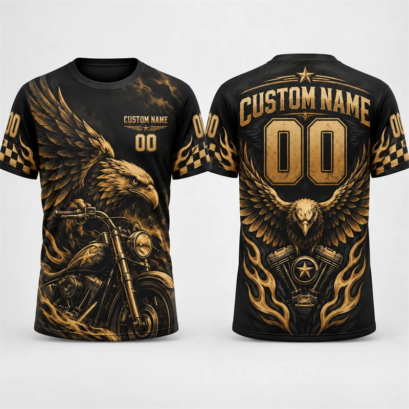 Custom Name Number Motorcycle T Shirt Men Biker Eagle Flame Racing Graphic Short Sleeve Personalized Streetwear Casual Gift Top