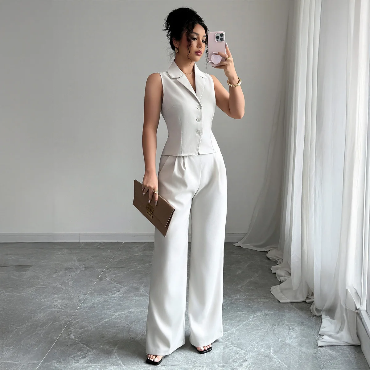 

Elegant And Simple Beige Office Ladies Suit Lapel Button Sleeveless Vest + Straight Pants 2-piece Suit Women's Casual Outfits