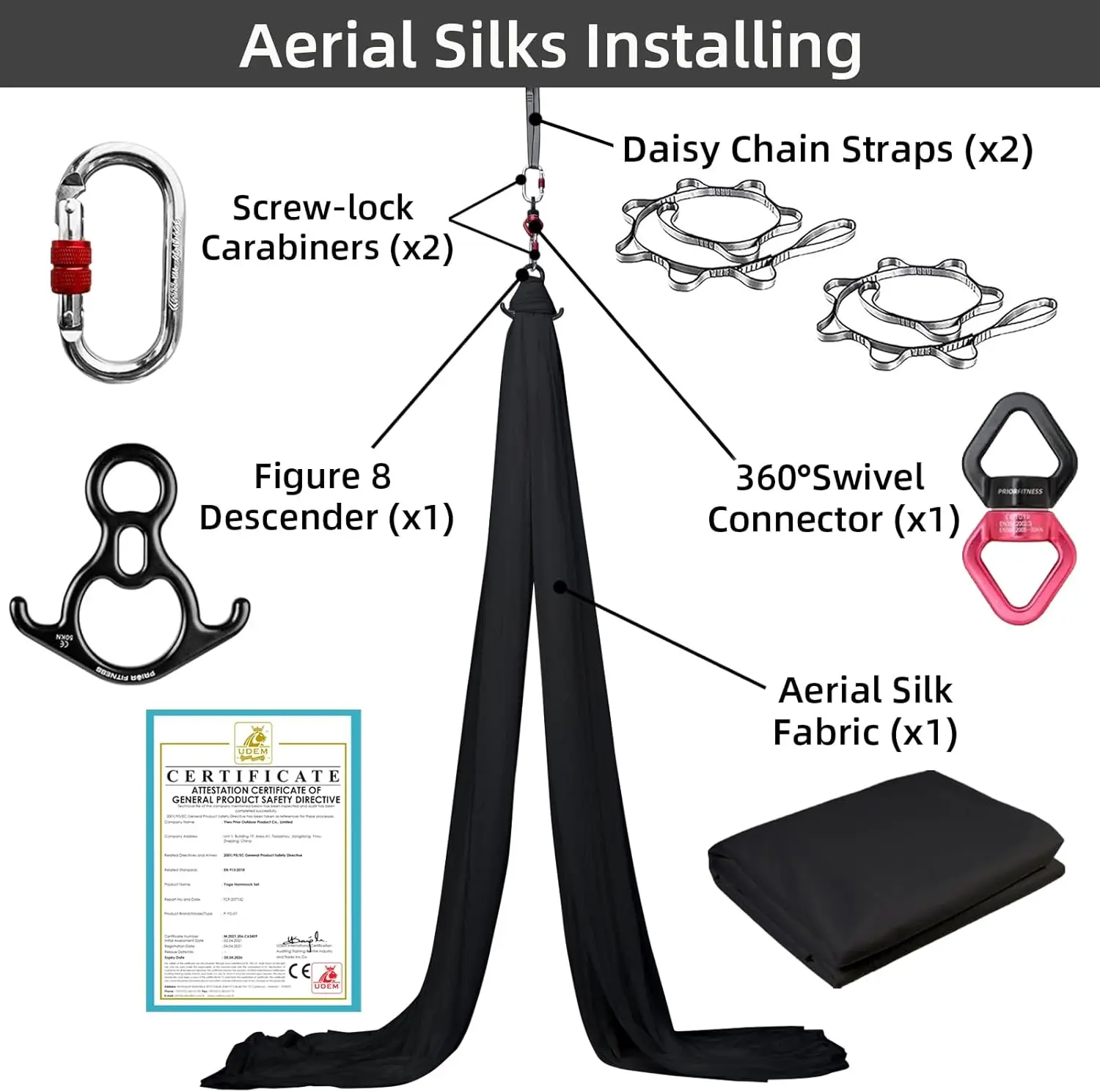 9 Yards/8.2M Aerial Silks Kit 40D Nylon Hammock Set With Hardware, Suitable For All-Level Adult Aerial Yoga & Acrobatic Flying