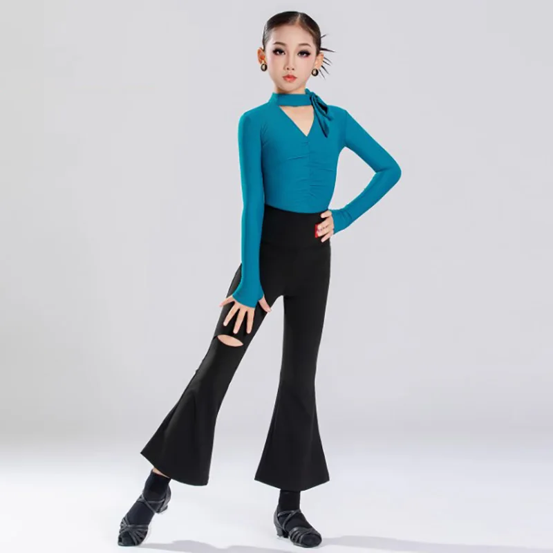 Dames Kinderen Meisjes Latin Danskostuums Lange mouw V-hals Vouwbodysuit en oefenbroek Past Ballroom Rumba Danskleding