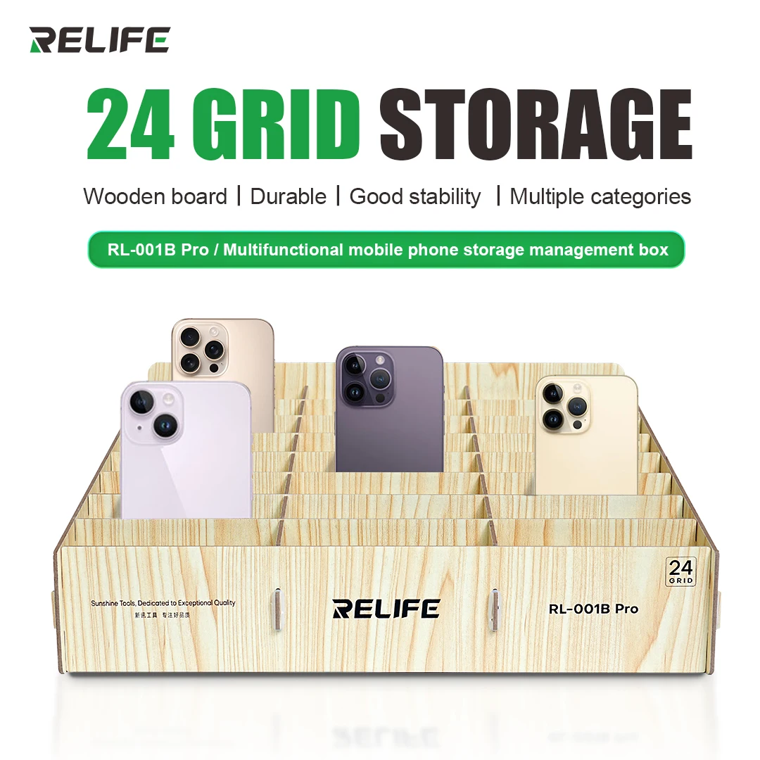 RELIFE RL-001B Pro 24 Grid Woodiness Box Cell Phone LCD Screen Storage Management Rack Good Stability Desktop Space Saving Box
