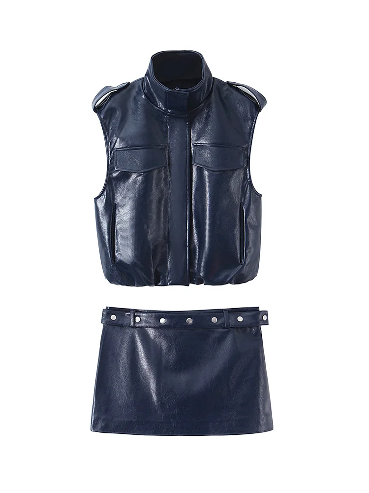 

HH Woman Fashion Stand-up Collar Zipper Leather Effect Decoration Sleeveless Vest+Spring Rivet Belt Mini Skirt Two Piece Set