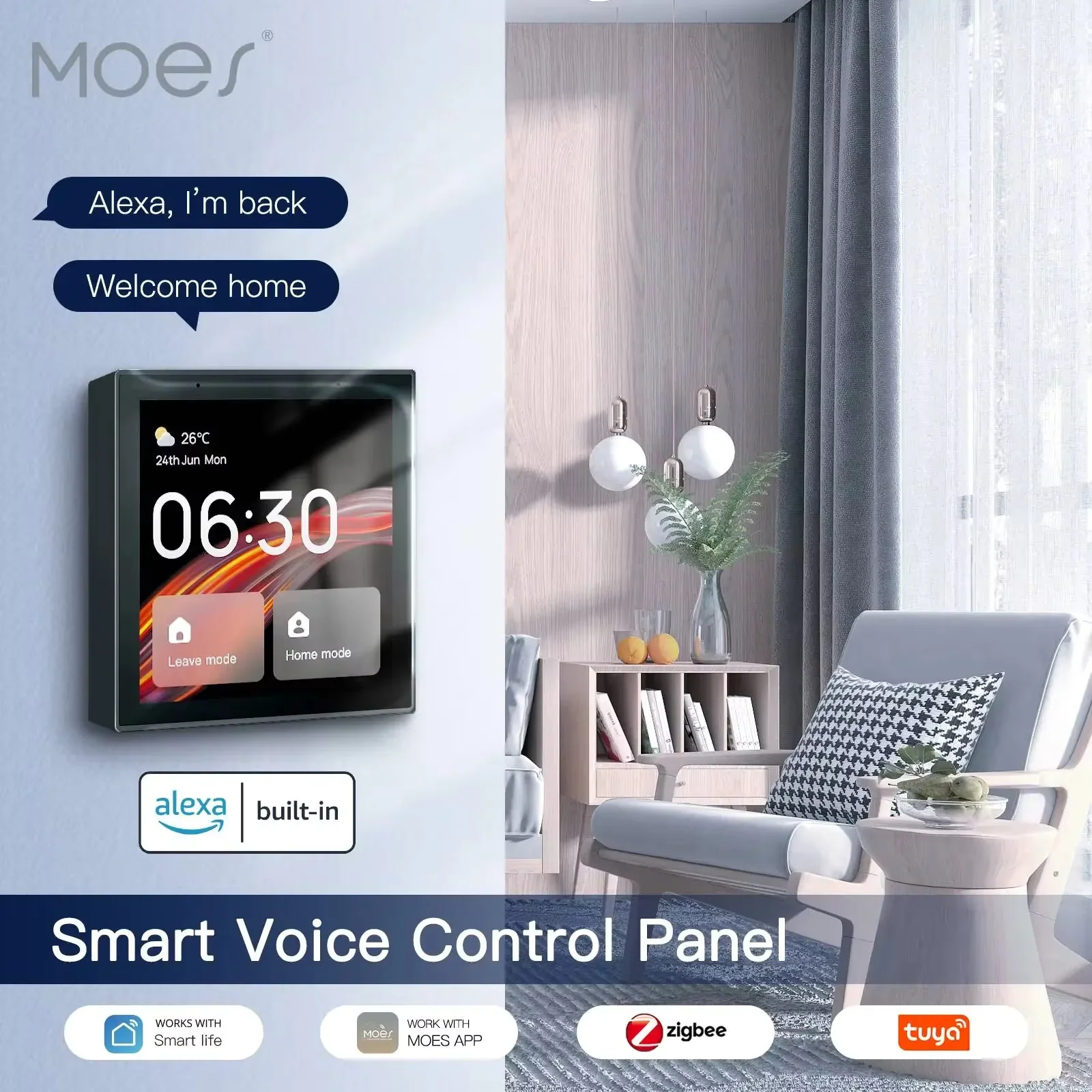Сенсорная панель управления MOES Wifi Touch Center с экраном Tuya, встроенным голосовым управлением Alexa и шлюзом ZigBee для умных сценариев, 4 дюйма.