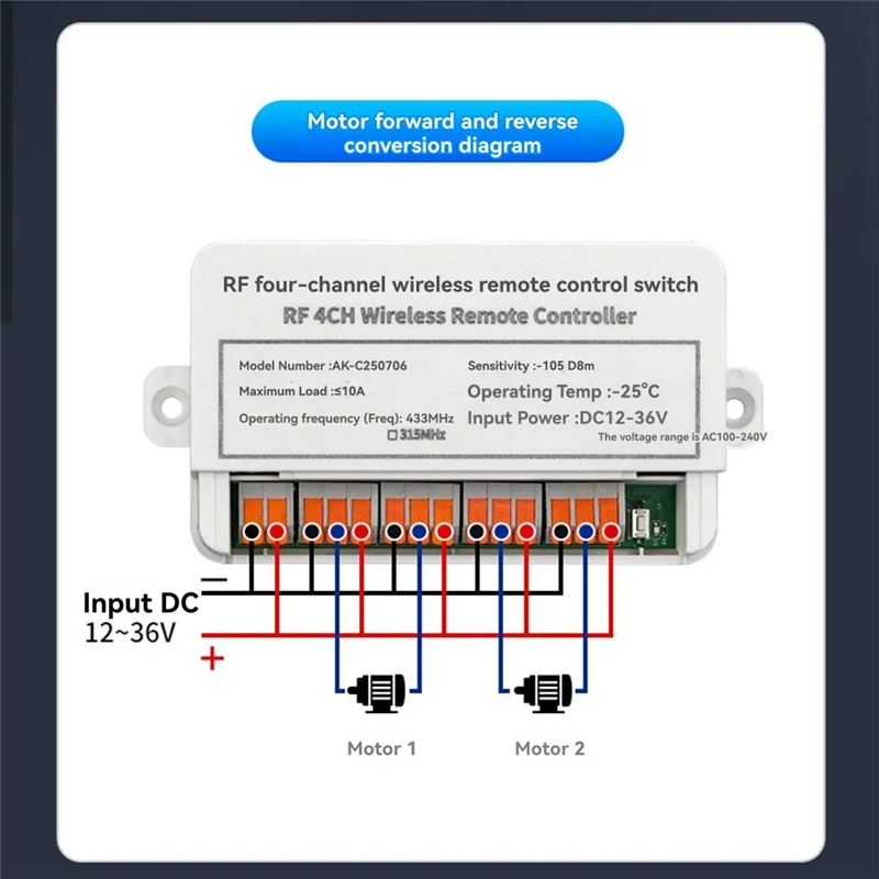 ABMF-RF Modul Penerima Relay 4CH yang Dikendalikan Radio 433Mhz Saklar Kontrol Jarak Jauh Nirkabel Universal DC12V-36V Untuk Garasi Untuk Gerbang