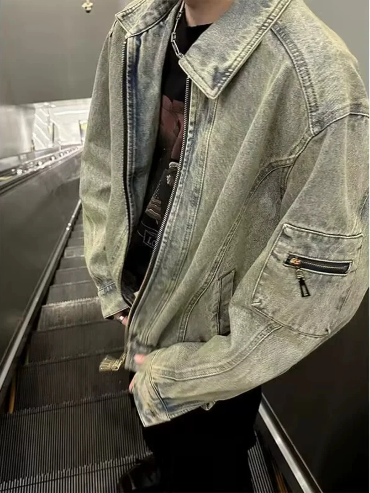 Retro Washed Denim Jacket Men's Spring Autumn Loose Casual Workwear Jacket Trendy High Street Style Standard Fit Zipper Closure