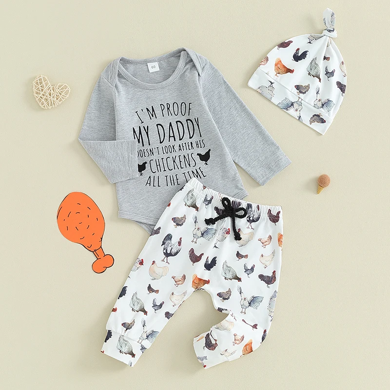 

Baby Boys Pants Set Long Sleeve Crew Neck Letters Print Romper with Chicken Print Sweatpants and Hat Infant Outfit