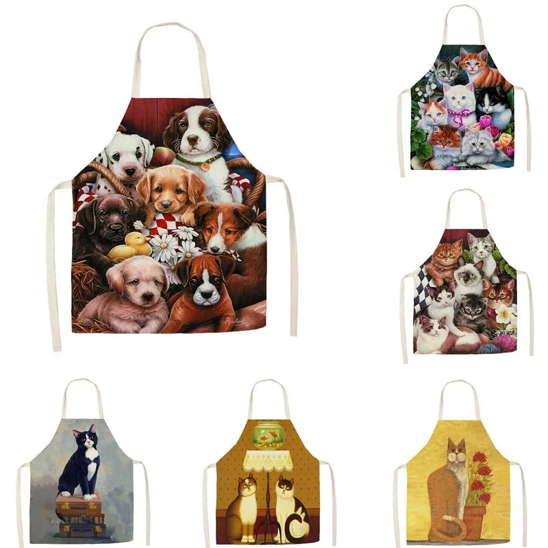 Home Decor Men Ladies  Cleaning Tools Kitchen Apron Vintage Cat Dog Print Sleeveless Linen