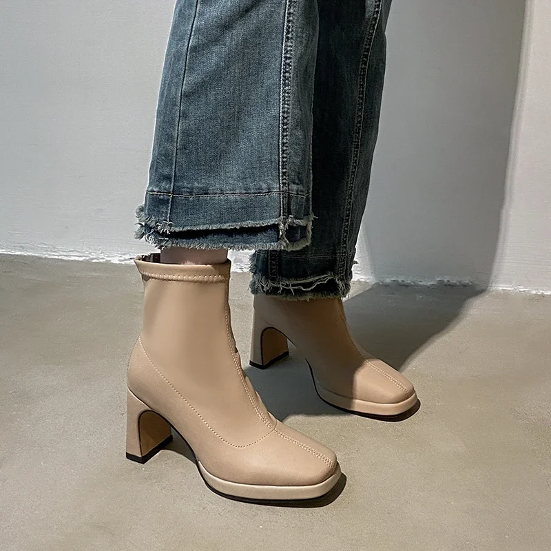 Vintage Platform Square Heel Women Ankle Boots Fashion Back Zippers Shoes Autumn Winter Women's Stretch Modern Short Booties