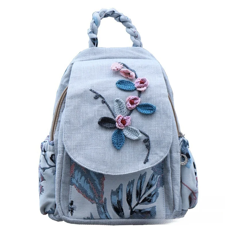 Fashion 3D National Embroidery Women's Backpack High Quality Linen Female Daypack Pretty Style Girls Shopping Travel Backpack