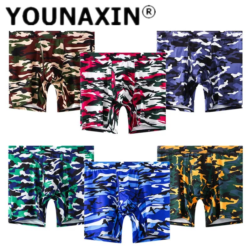 

Men's Camo Underwear Ice Silk Long Boxer Briefs Quick Drying Breathable Underpants Knickers Sports Shorts EU Size M L XL 2XL