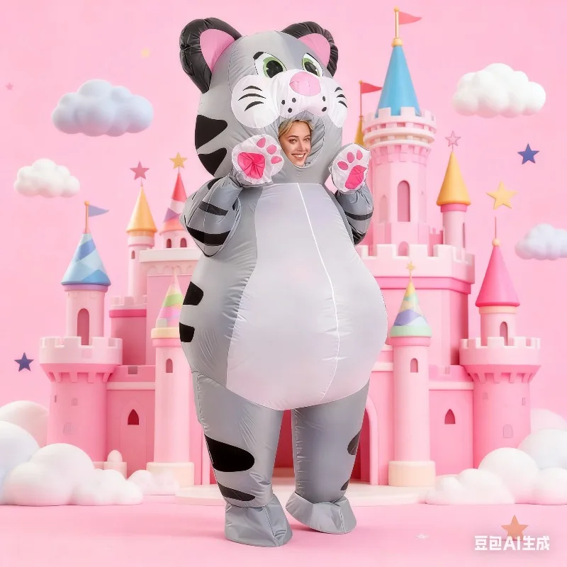 

Надувной полосатый костюм кошки, комбинезон для кошки, надувной через воздух, забавное нарядное платье, вечеринка для косплея на Рождество, Хэллоуин