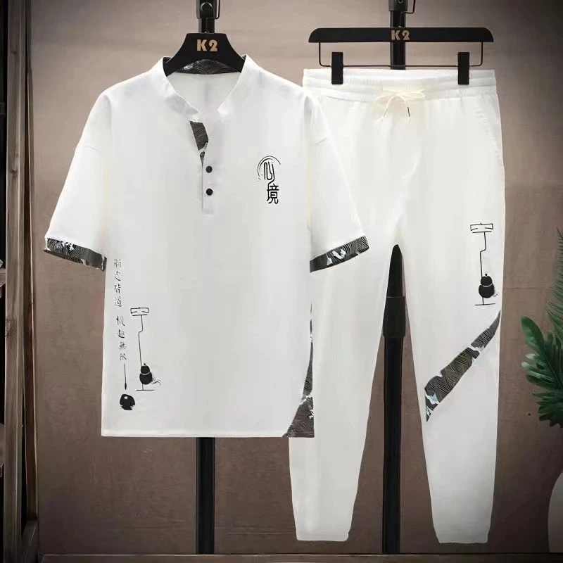 (Shirt + trousers) 2024 summer fashion men shirt Cotton shirts men\'s sets High quality shirts Two Piece size M-4XL TZ0191