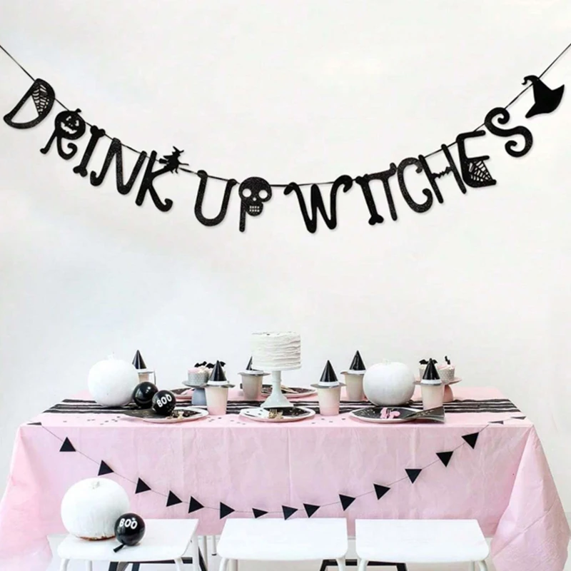 Schwarzes Drink-Up-Hexen-Banner für Halloween-Party-Dekorationen, Hexen-Partyzubehör, Haunted Mansion Hocus Pocus Dekor