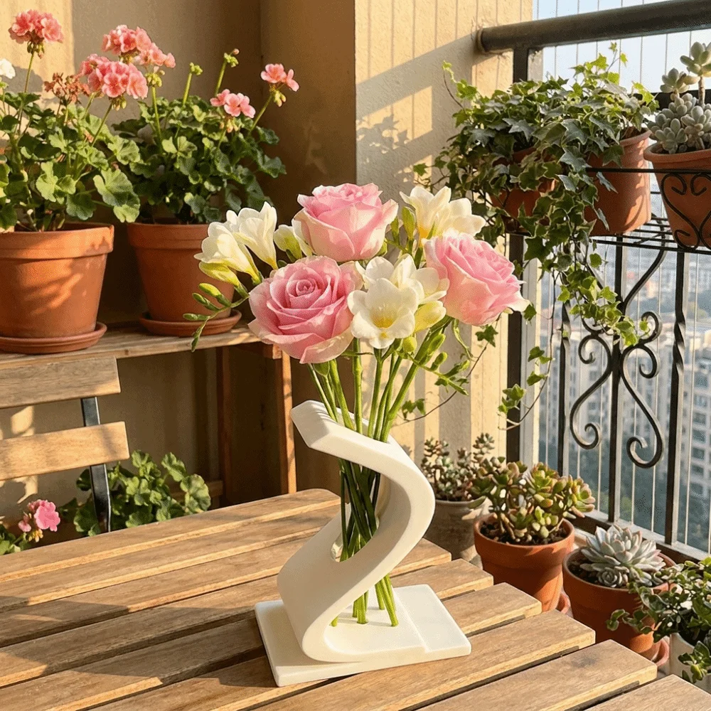 Nordic Style 3D Printed S-shaped Twisted Vase Geometric Art Minimalist Desktop Pen Holder Hollow Out Plastic Flower Rack Desktop