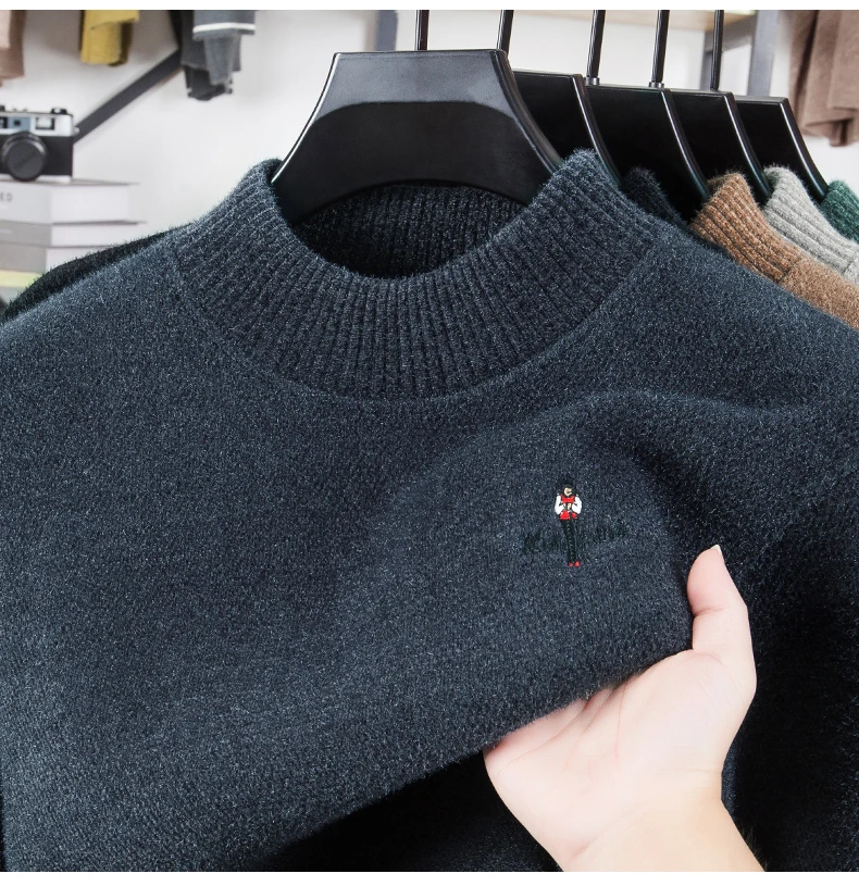 Suéter grueso de piel de visón para hombre, ropa de invierno, suéter de lana con Base de punto, Top de terciopelo de una pieza