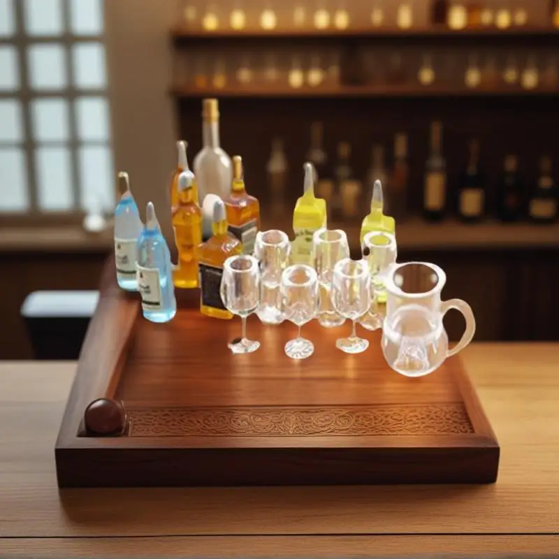 Puppenhaus-Miniatur-Weinflaschen und Rotweinbecher-Set; Küchen- und Restaurantdekorationszubehör für Puppenhaus im Maßstab 1:12