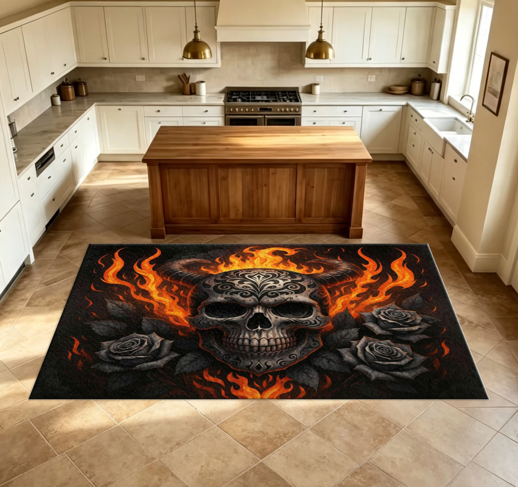 Gothic-Style Demon Skull Horn Flame Black Rose Carpet Floor Mat Dark Horror Pattern Printed Floor Mat Halloween Home Decoration Carpet