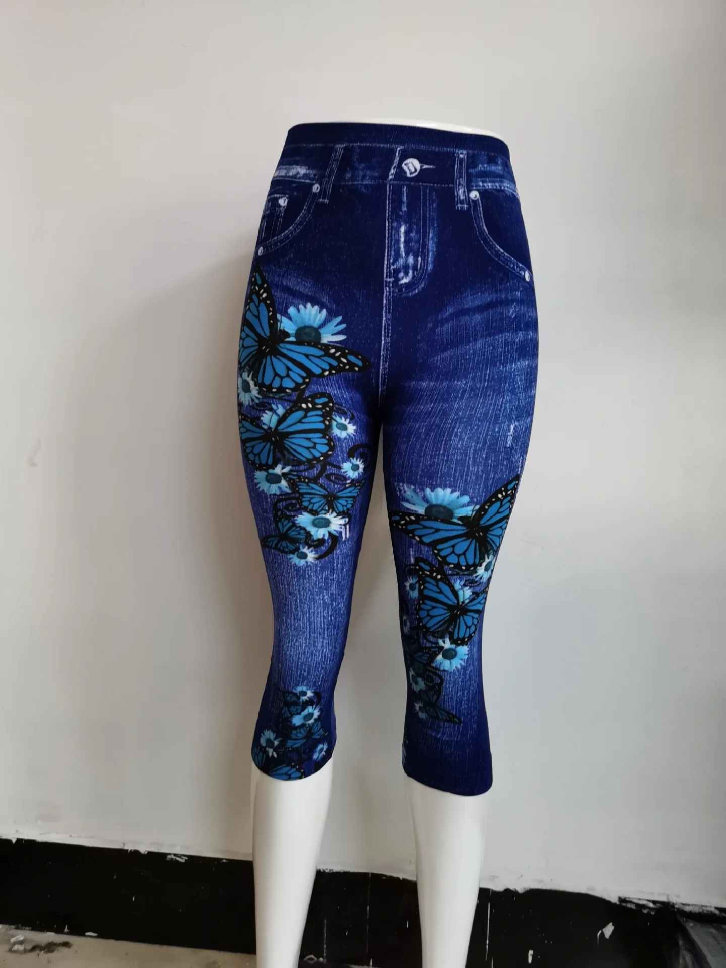 Frauen Drucken Imitation Denim Leggings Dünne Stretchy Kurzen Hosen Outdoor Jogging Walking Mode Hohe Taille Leggings – Detail 6