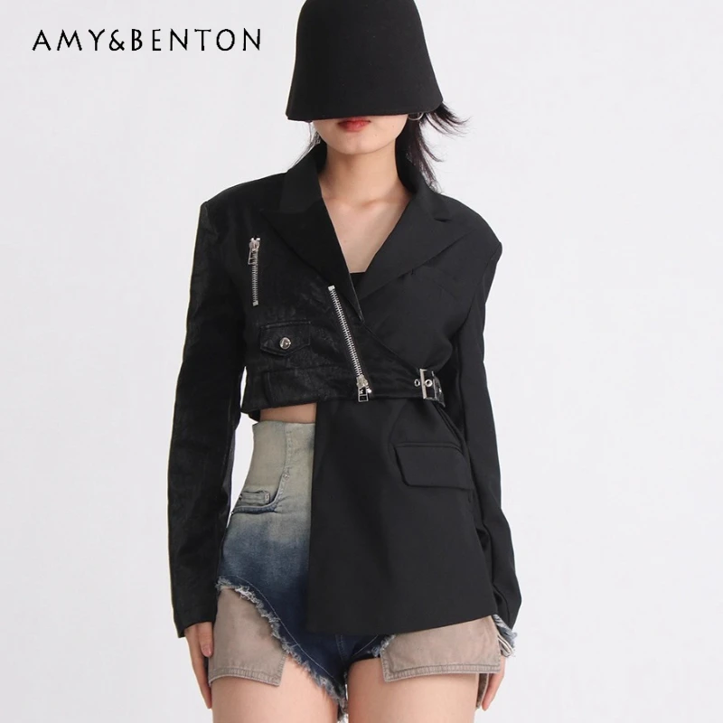 

Punk Personality Sweet Cool Asymmetric PU Leather Splicing Women's Coat Original Hollow Out Zipper Button Black Blazer Ladies