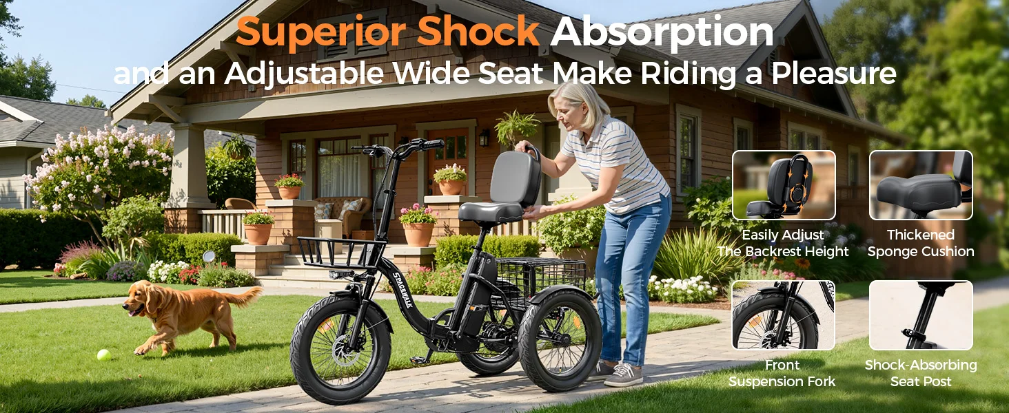 Spacewalk 1200W Peak Electric Trike for Adults, 48V 15Ah Battery 3 Wheel Electric Bike with 60 Miles Range, 18×3.0 Fat Tires, Dual Disc Brakes, Rear Cargo Basket, Adjustable Comfort Seat, Folding E Tricycle for Seniors-Black