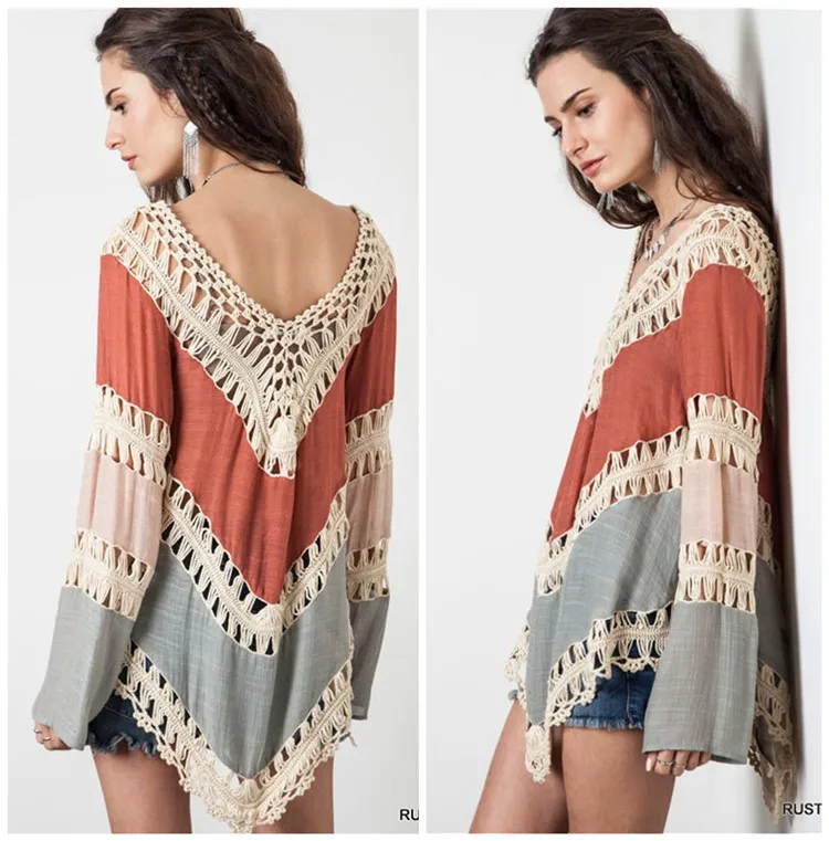 Long Sleeve Openwork Swimsuit Loose Bohemian with Long Sleeve Beach Cover Up Loose Fit Bohemian Beach Cover Up for Women