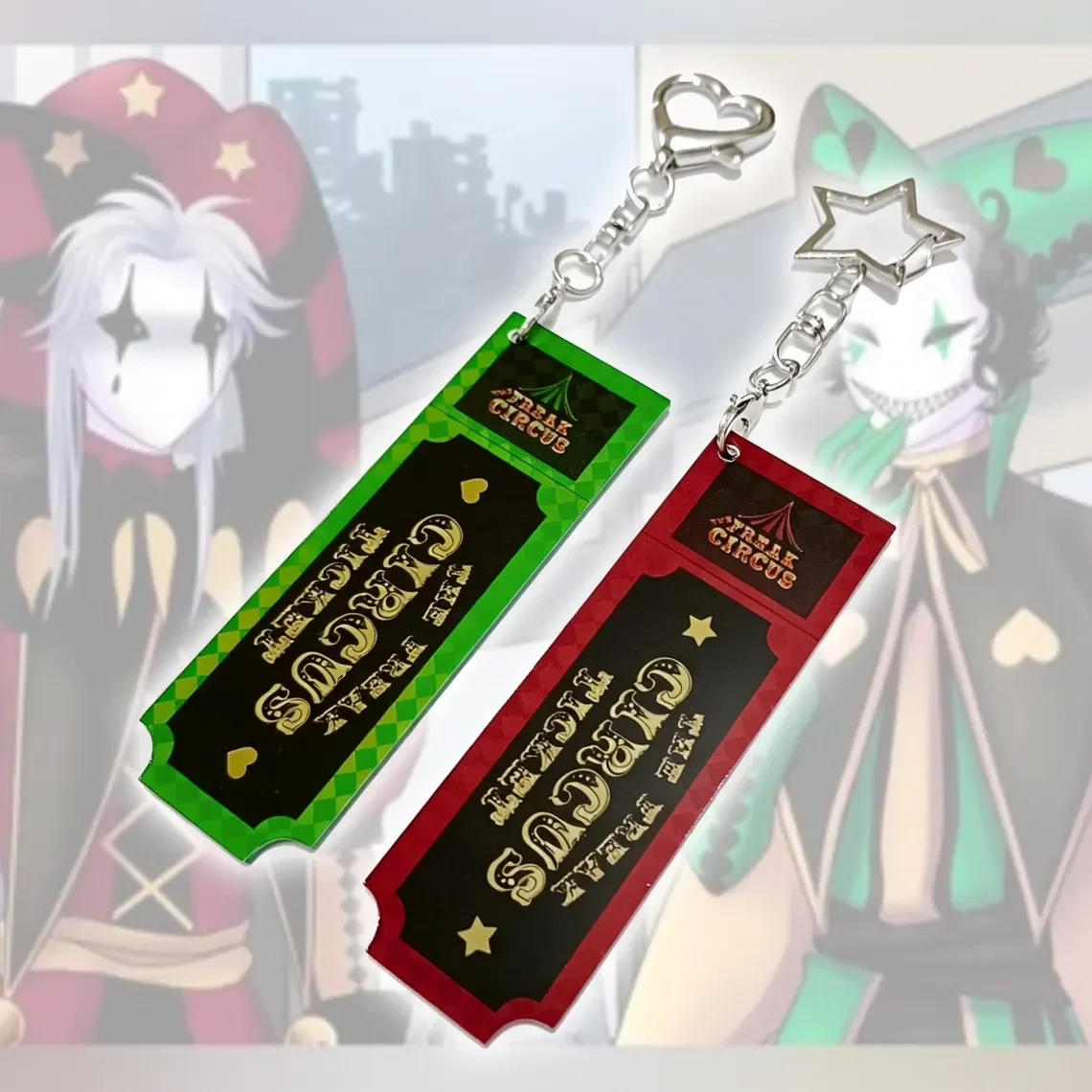 Anime Bizarre Circus Themed Acrylic Keychain Red And Green Ticket Design for Fans