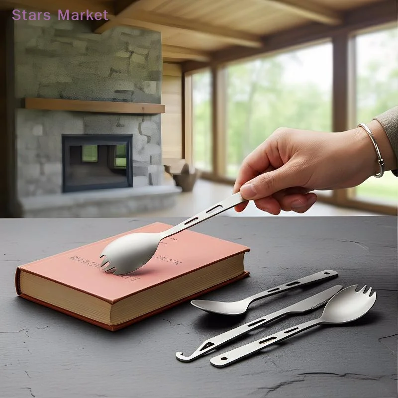 2 In 1 Outdoor Titanium Spoon Camping Tableware Portable Bottle Opener Camping Picnic Dinner Spork Fork For Travel Backpacking