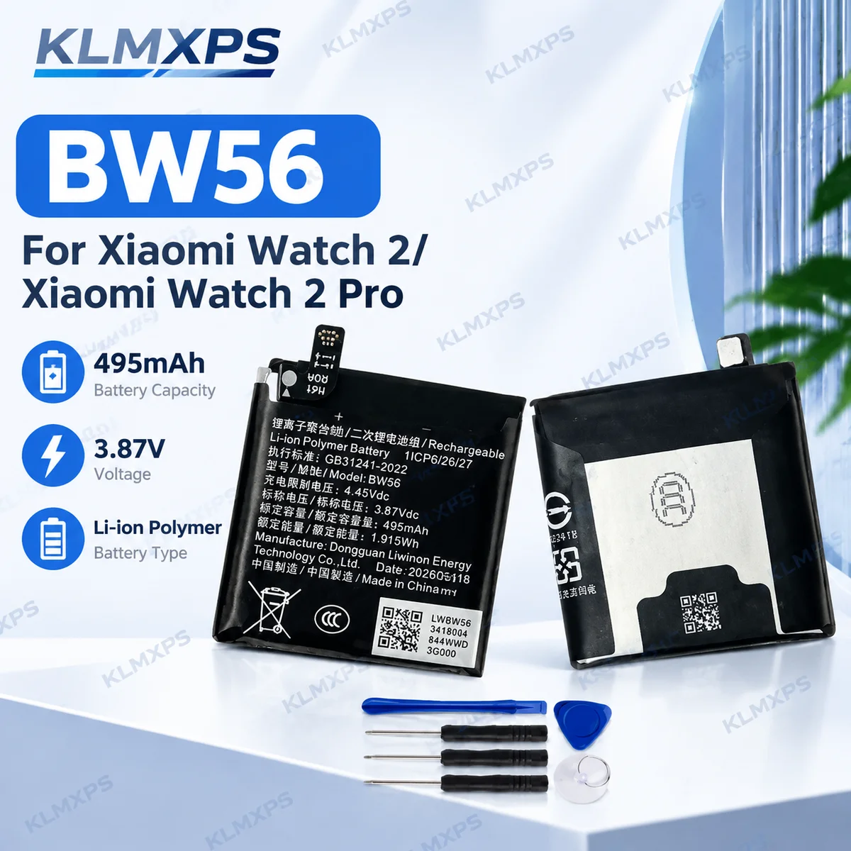 495mAh 3.87V BW56 Li-Polymer Replacement Battery with Tools for Xiaomi Watch 2 and Watch 2 Pro Smart Watch Internal Repair