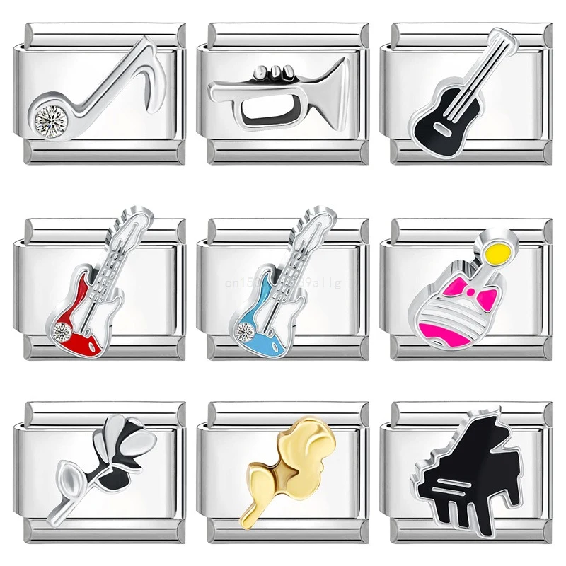 New Fashion Guitar Piano Trumpet Musical Note Rose Italian Charm Links Stainless Steel Fit 9mm Bracelet DIY Making Jewelry Gifts