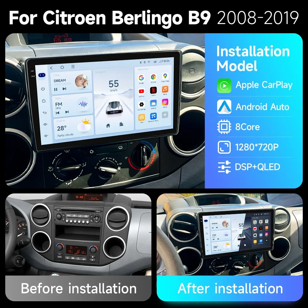 Car Radio Stereo Android 14 CarPlay For Citroen Berlingo 2 B9 Peugeot Partner 2008-2022 Multimedia Video Player GPS Autoradio HU
