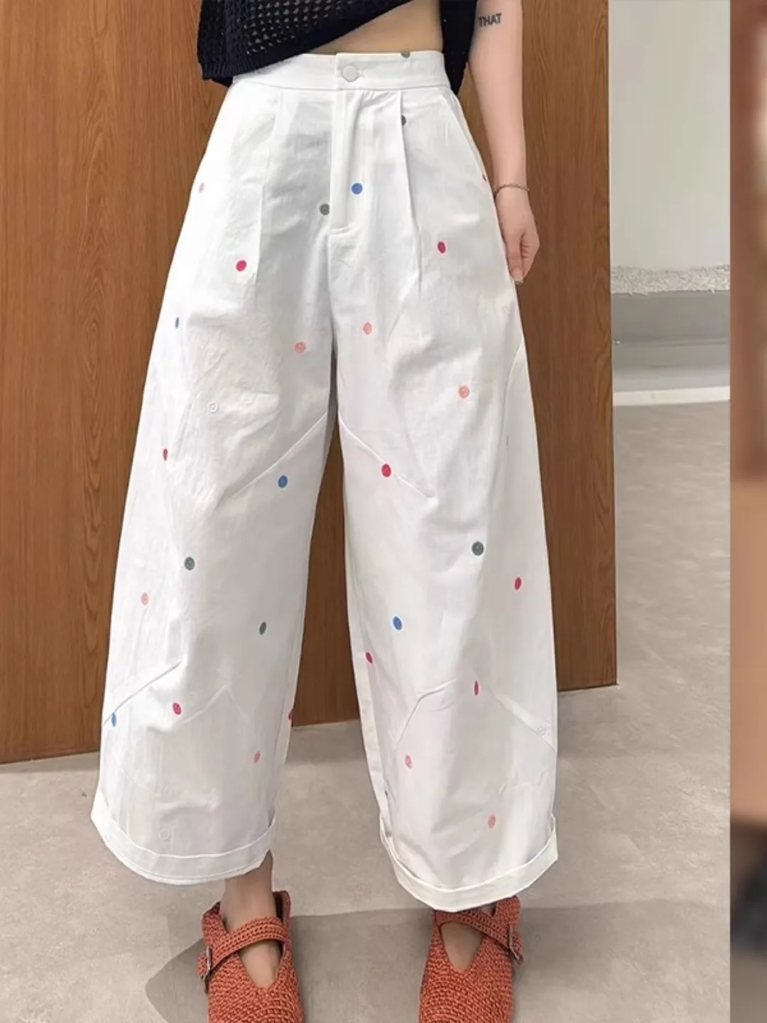 Spodnie damskie z wysokim stanem i szerokimi nogawkami, letnie, cienkie, bawełniane, w kropki, z haftem, codzienne i spodnie dla mamy, retro, eleganckie spodnie do pracy.