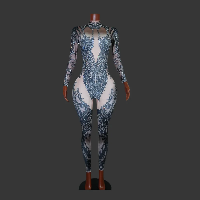

Sexy Black Rhinestone Print Jumpsuit Pole Dancing Nightclub Birthday Party Stage Bodysuit Costume costumes Drag Queen outfit