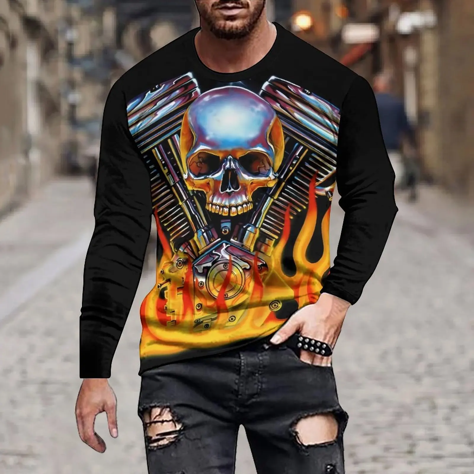 Mechanical Skull 3D Print Men Punk T-Shirts Tracksuit Goth Skeletons Long Sleeve Casual Streetwear Oversize Hot Autumn Clothing