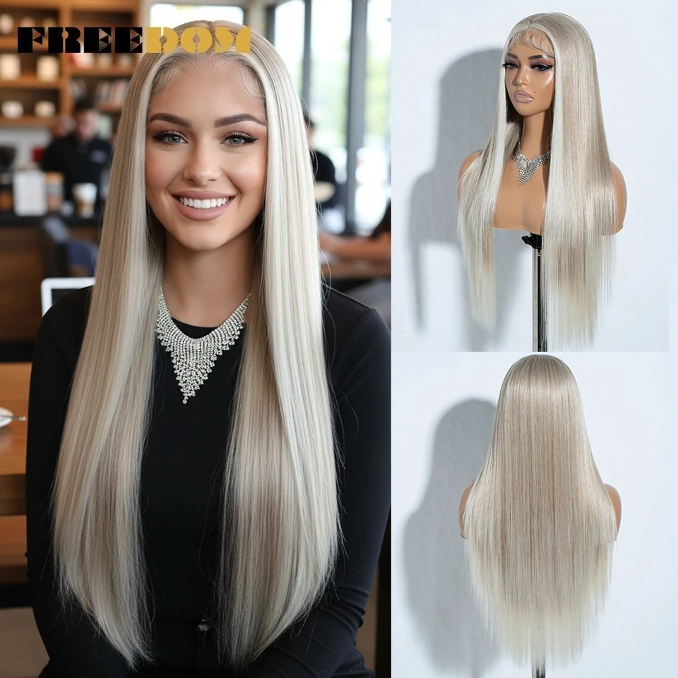 

FREEDOM Synthetic Lace Front Wigs For Women Ombre Brown Blonde Wig 28 Inch Straight Lace Wig 13x5x1 T Part Cosplay Wigs
