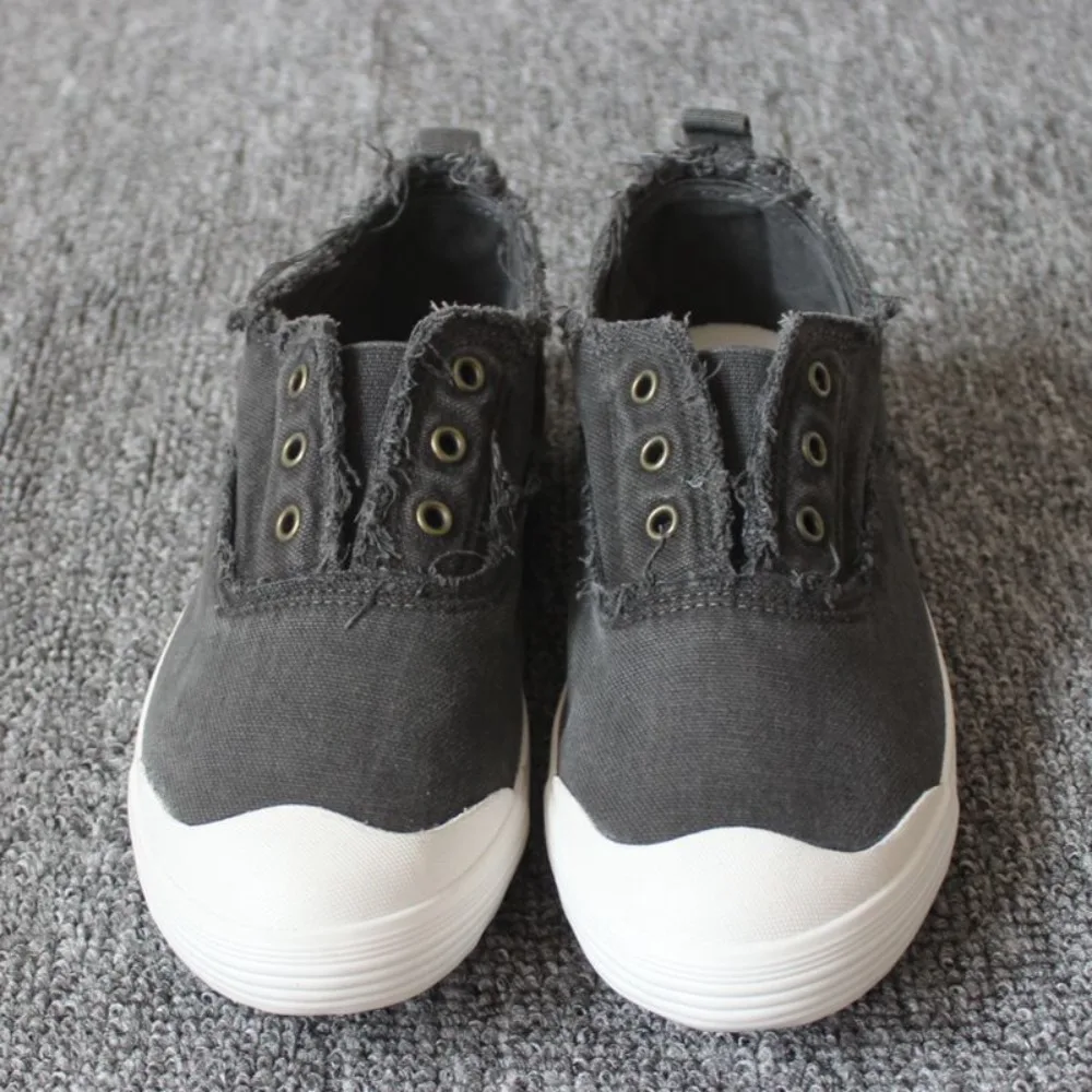 Zapatos de tela de corte bajo para mujer, nuevos zapatos de lona lavados con bordes deshilachados, zapatos planos de estilo antiguo, zapatos cómodos y versátiles para mujer