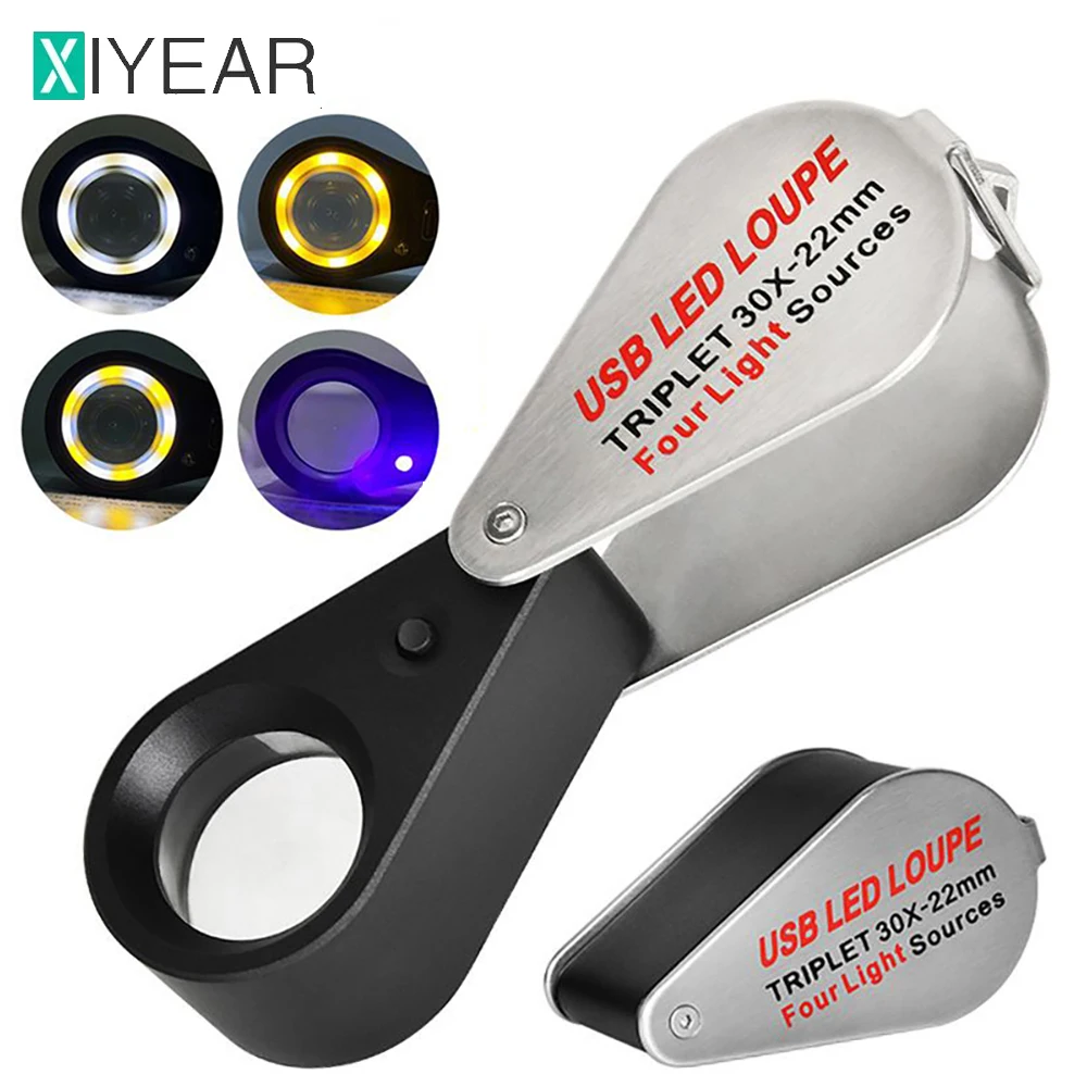 

10X 20X 30X Rechargeable Four-colour Light Source 13LED Magnifier Diamond Jeweler Loupe Necklace GEM UV Lamp Mini Pocket Lupa