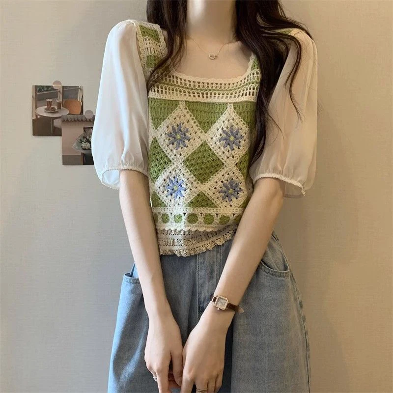Chiffon Flower Knitted Flower Summer Hollow Out Short Sleeve Women T Shirts O Neck Fashion All-match Sweet Oversized Crop Tops