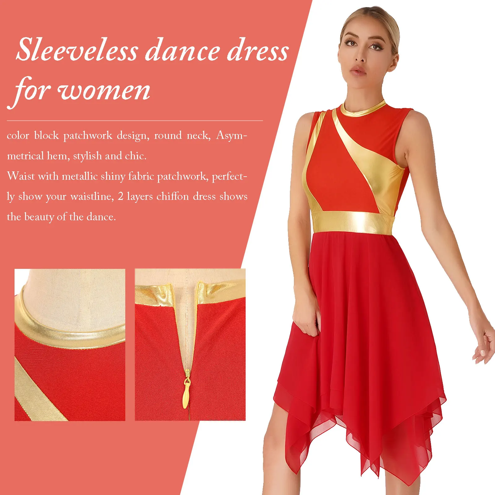 Fantasia feminina moderna de dança lírica, bloco de cores, vestidos de retalhos, zíper invisível, costas, sem mangas, bainha irregular, roupa de dança