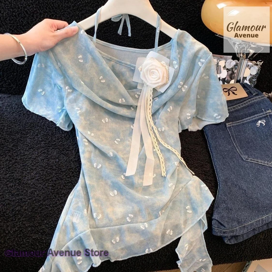 

Korean soft color neck decal T-shirt women's new summer fashion design sense tie-dyed floral irregular hem slim casual top