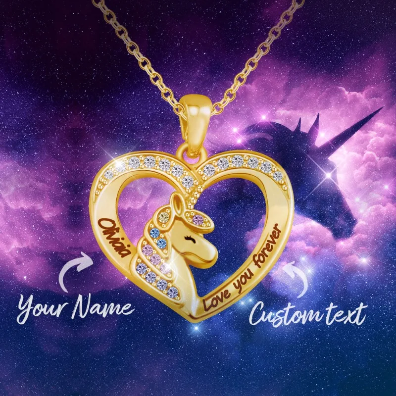 

Personalized Engraved Unicorn Name Necklace For Little Girl Custom Unicorn Jewelry Charm Heart Names Pendant For Child Christmas