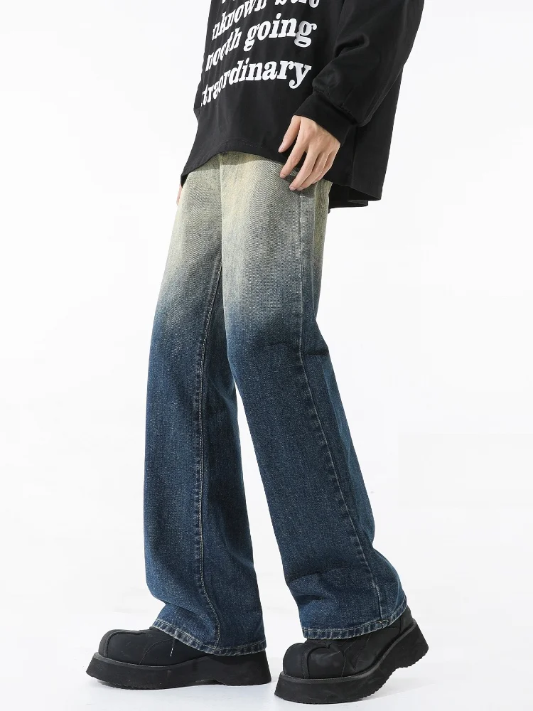 

Американские джинсы прямого кроя с легким клешем в стиле High Street, винтажный дизайн, премиум-класс, для стильных мужчин, из смесового хлопка и полиэстера