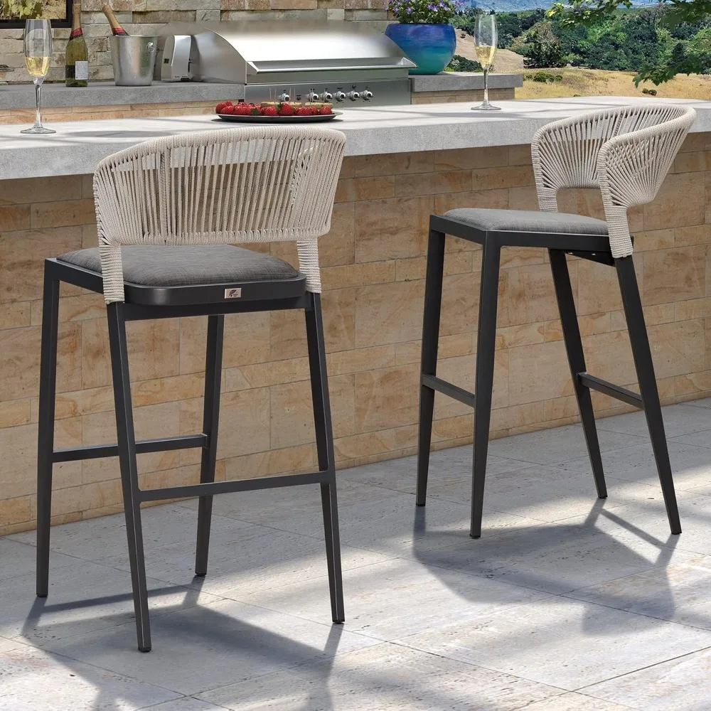 

Bar Stool Set of 2 Outdoor Rattan Bar Chair with Back Metal Bar Height Stool Wicker Barstool Dark Grey