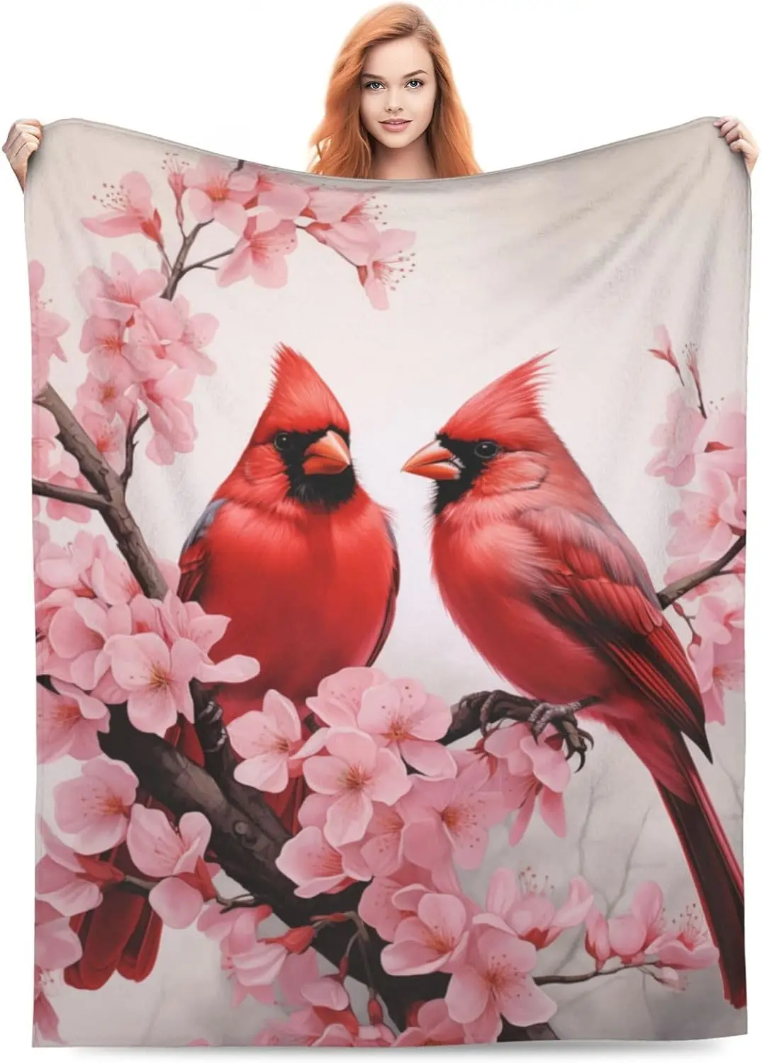 

Red Cardinal Flower Branch Blanket Gifts for Women Pink Floral Birds Flannel Throw Blankets Soft Comfy Lightweight for HomeDecor